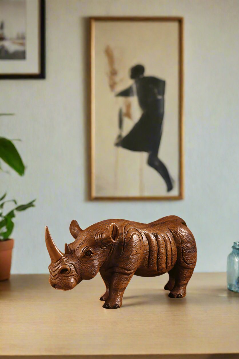 Rhino Wood Carving Hand Carving Wooden Art Wood Sculpture Animal Crafts Wooden Rhino Statue