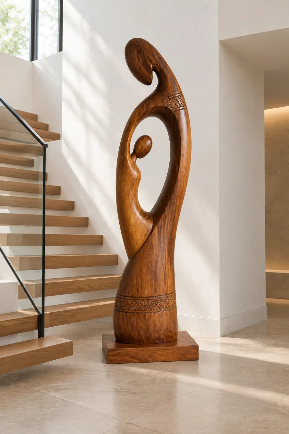 Large Abstract Mother And Child Wooden Sculpture For Modern Home Decor