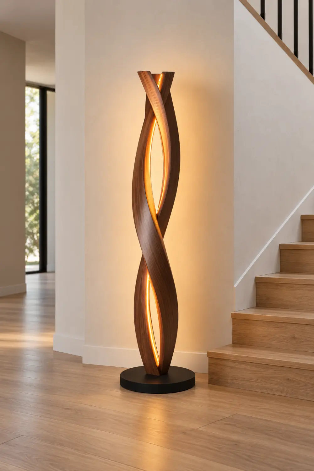 Handcrafted Walnut Floor Lamp With Spiraling Abstract Form For Modern Living Rooms