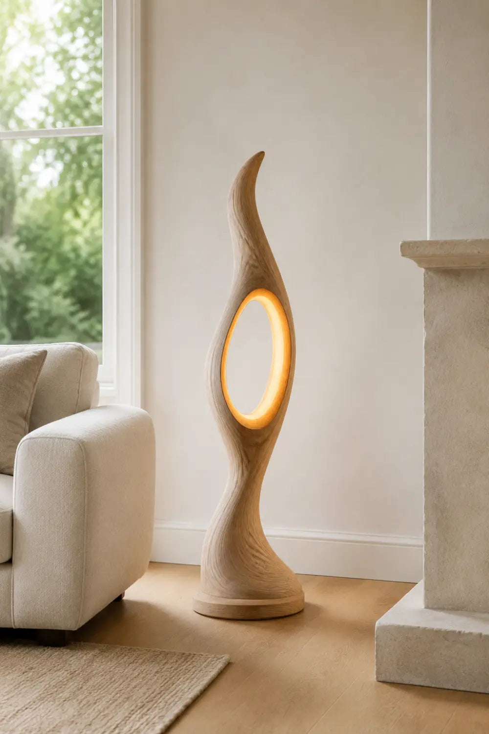 Modern Abstract Floor Lamp Hand-Carved From Solid Natural Wood For Living Room Decor