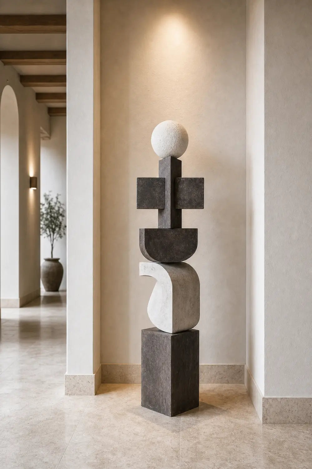 Large Hand-Carved Abstract Wood Sculpture For Modern Living Room Decor