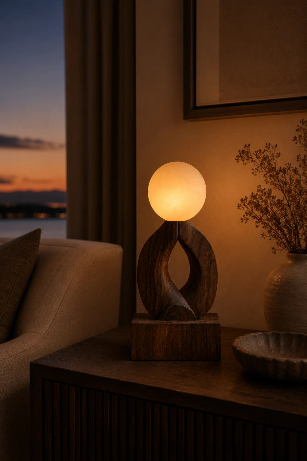 Hand Carved Wooden Art Lamp Sculptural Lighting Fixture Natural Walnut Finish Home Accent