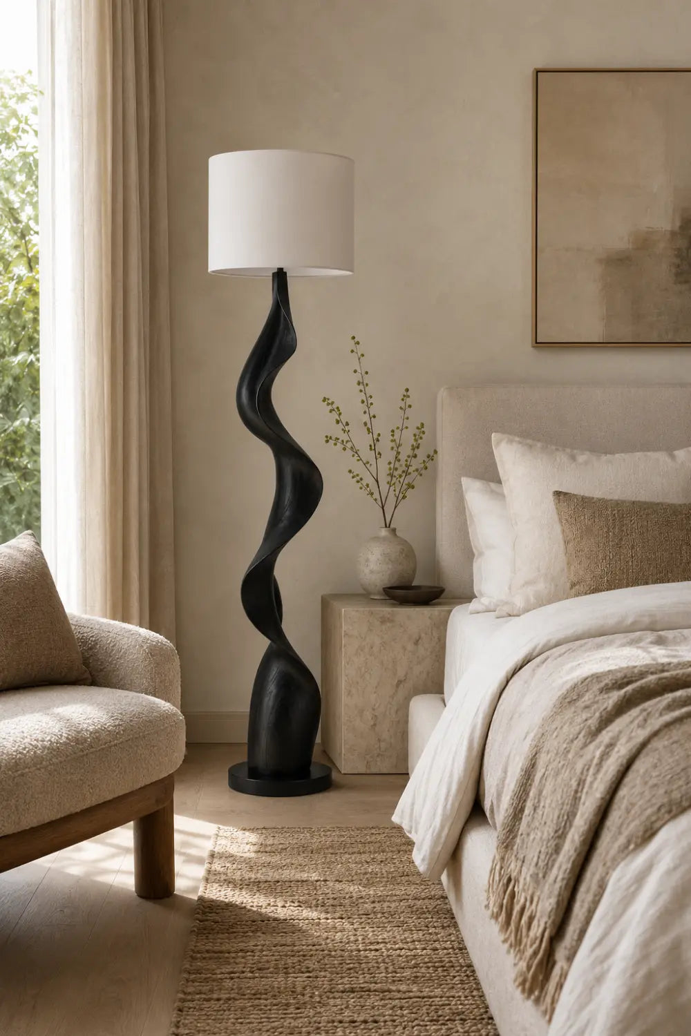 Modern Abstract Wood Floor Lamp With Twisted Sculptural Base For Living Room