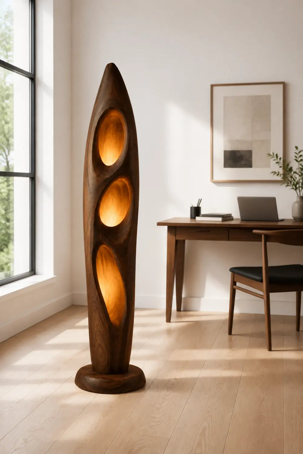 Sculptural Wood Floor Lamp With Organic Hollows And Warm Ambient Light