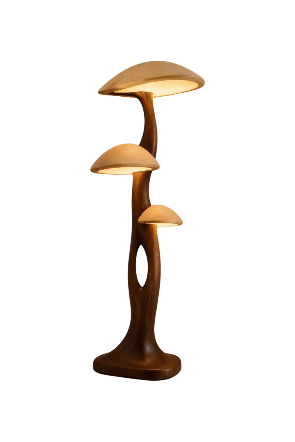 Hand-Carved Wooden Floor Lamp With Mushroom Shades For Modern Living Rooms