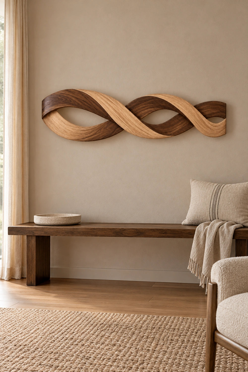 Modern Abstract Wooden Wall Art With Twisted Loop Design For Contemporary Home Decor