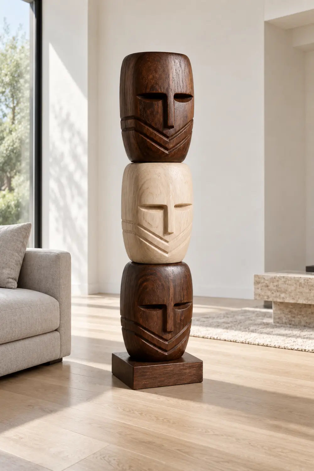 Large African Tribal Wood Sculpture With Abstract Human Faces For Modern Home Decor