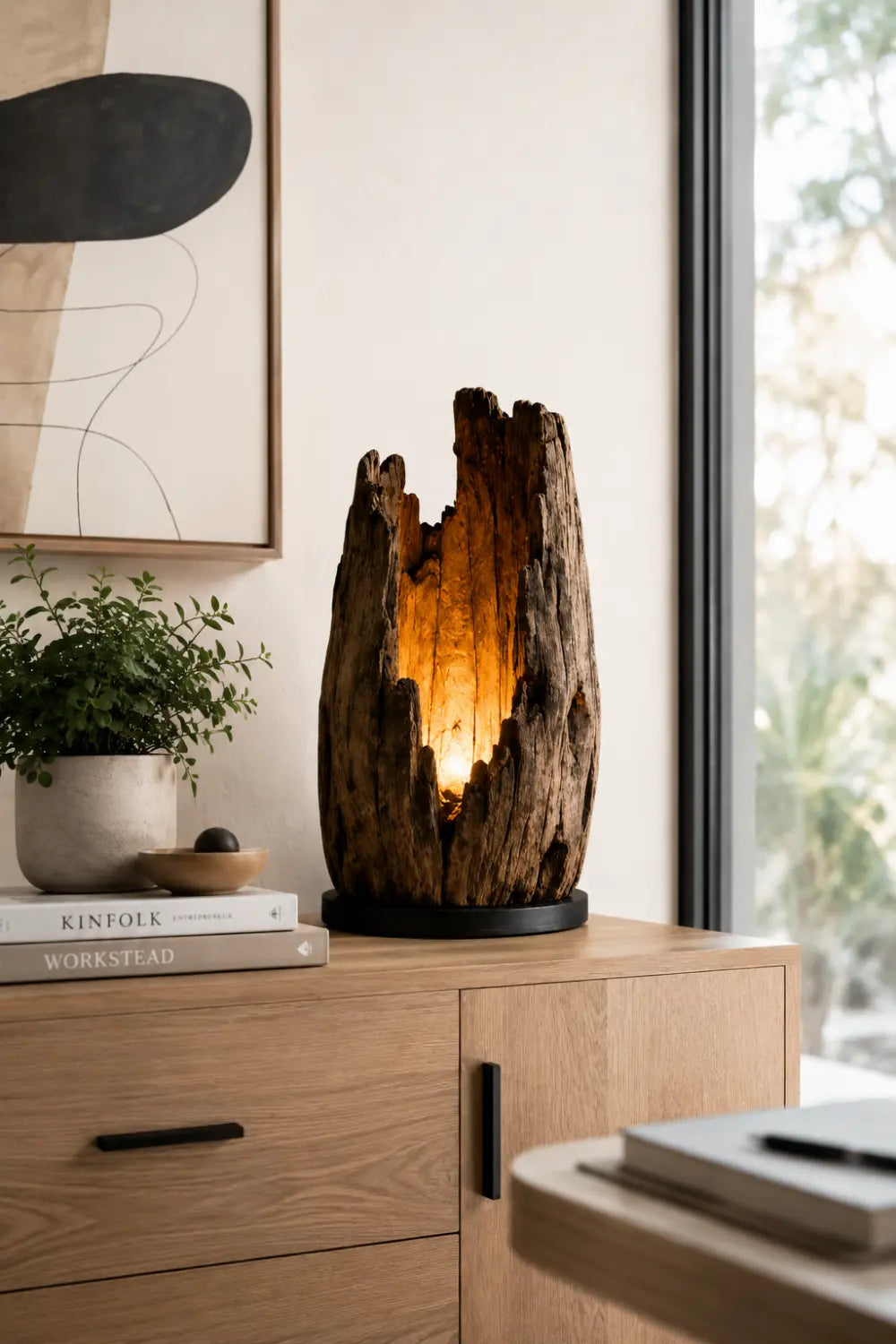 Abstract Wooden Sculpture Lamp As Functional Art Piece For Minimalist And Eco-Friendly Homes