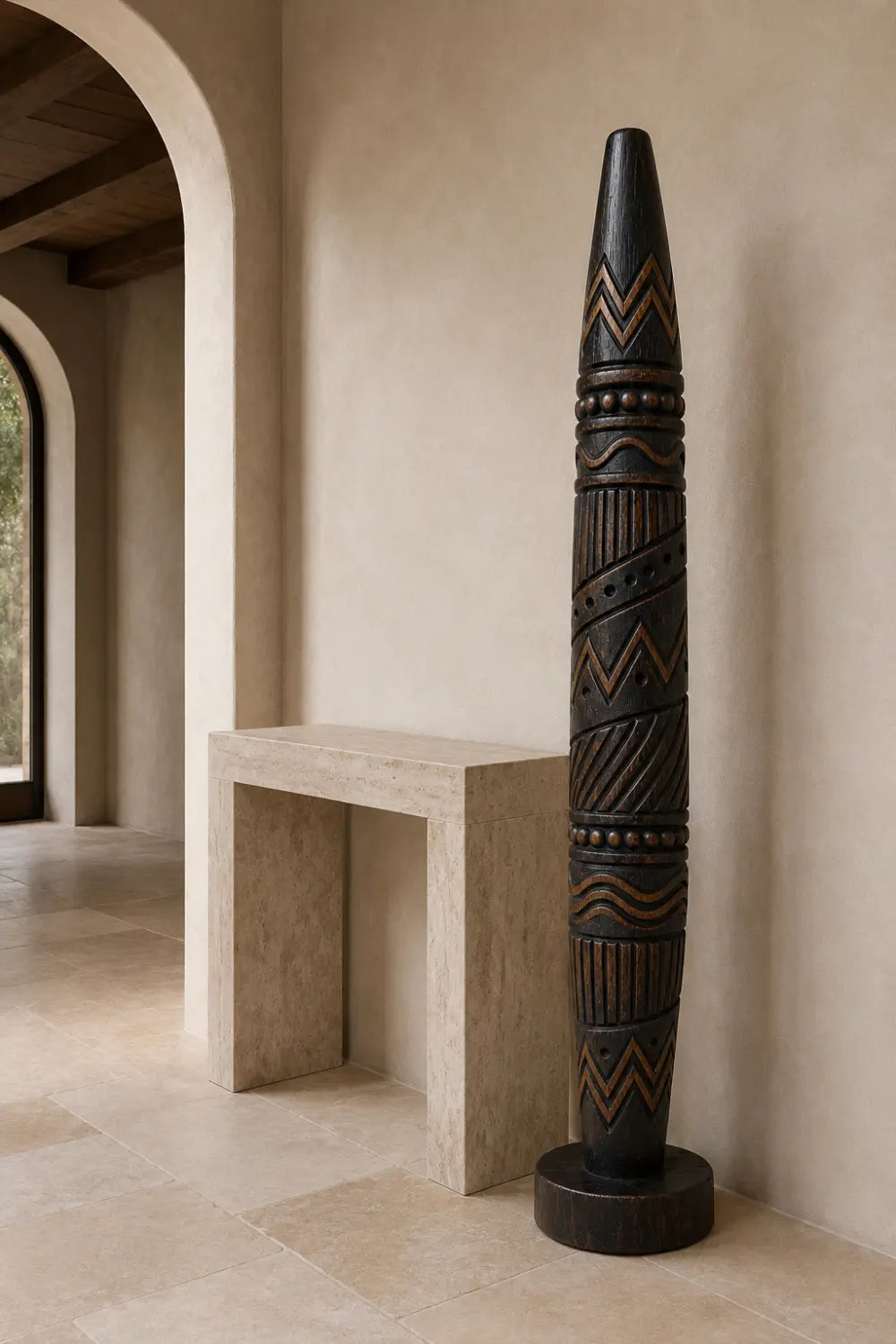 Large Freestanding Abstract Wooden Statue Ethnic Art Decor Tall Chevron Pillar For Living Space