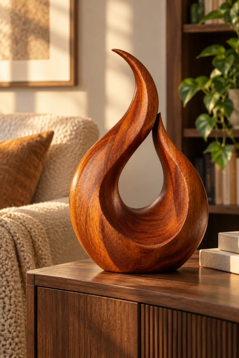 Modern Carved Wooden Flame Sculpture | Abstract Teardrop Fire Art Home Decor