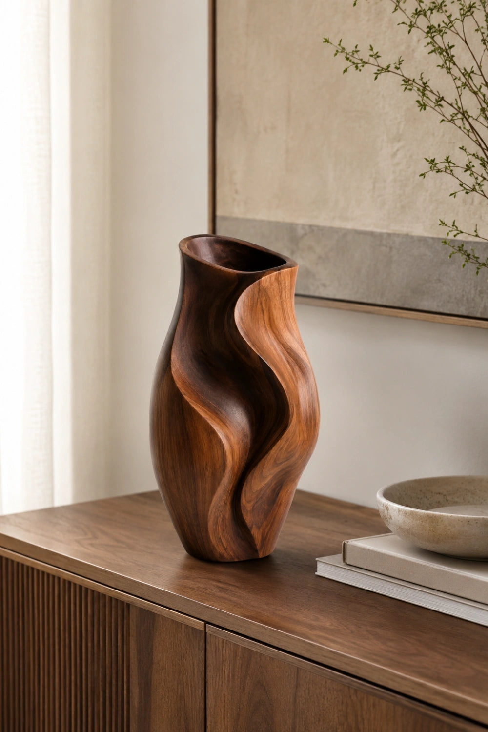 Hand Carved Abstract Wooden Vase Modern Minimalist Home Decor Gift