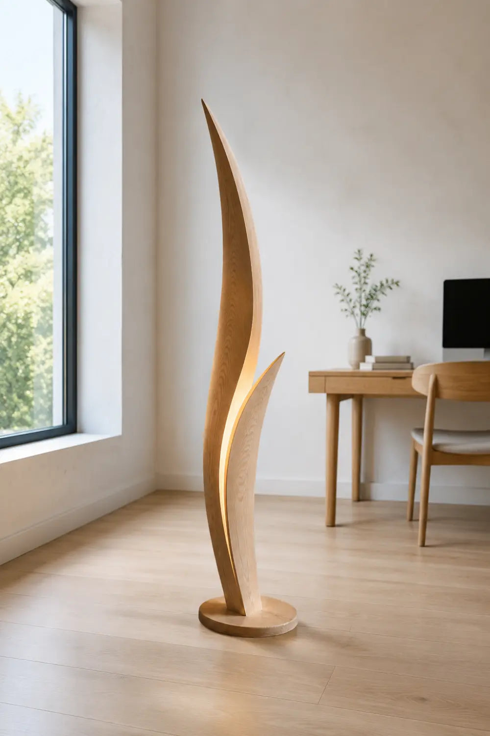 Modern Wooden Floor Lamp With Sculptural Curves And Warm Ambient Glow For Contemporary Living Rooms