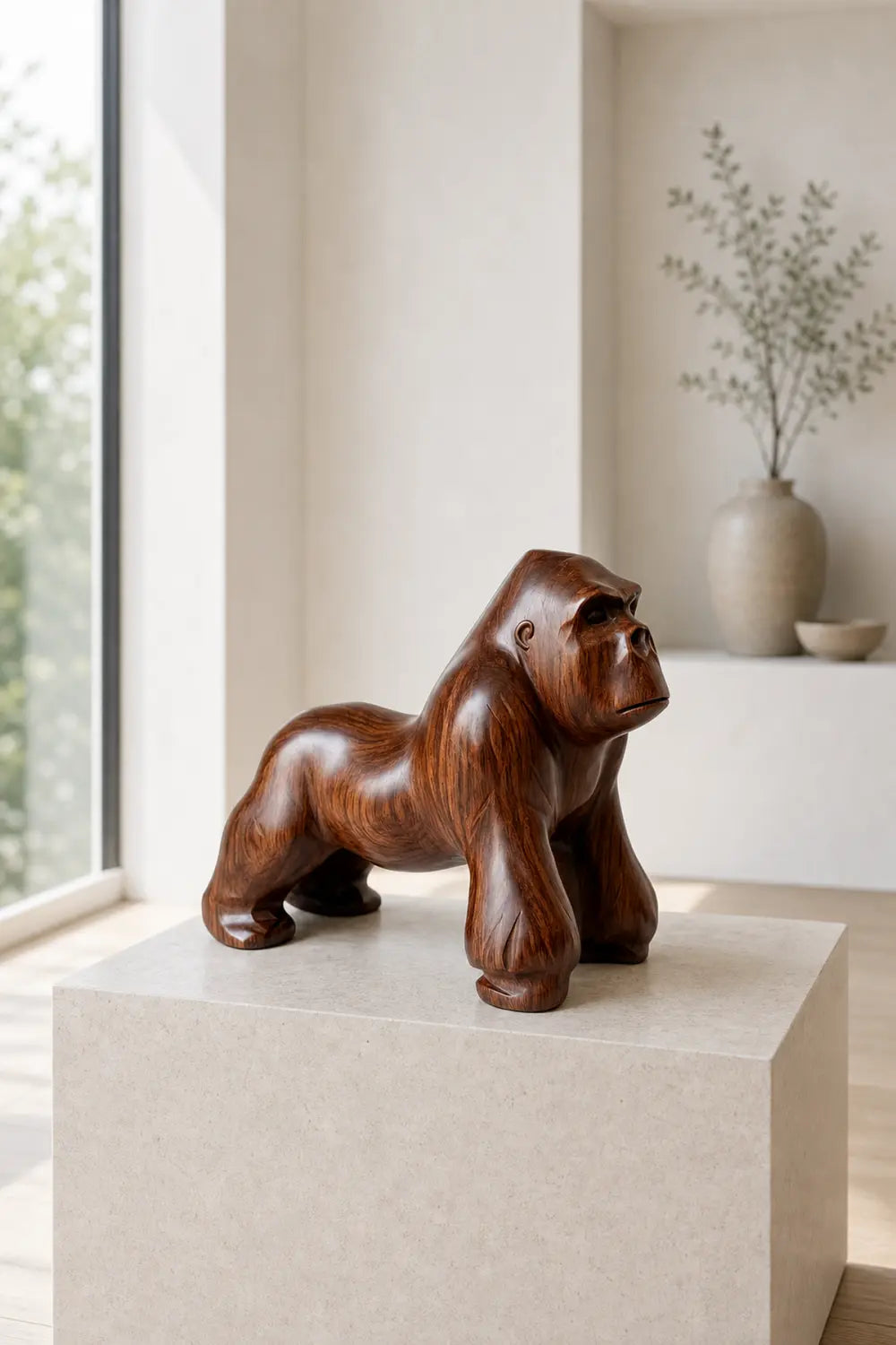 Hand-Carved Walnut Gorilla Sculpture - Realistic Animal Wood Statue For Home Decor