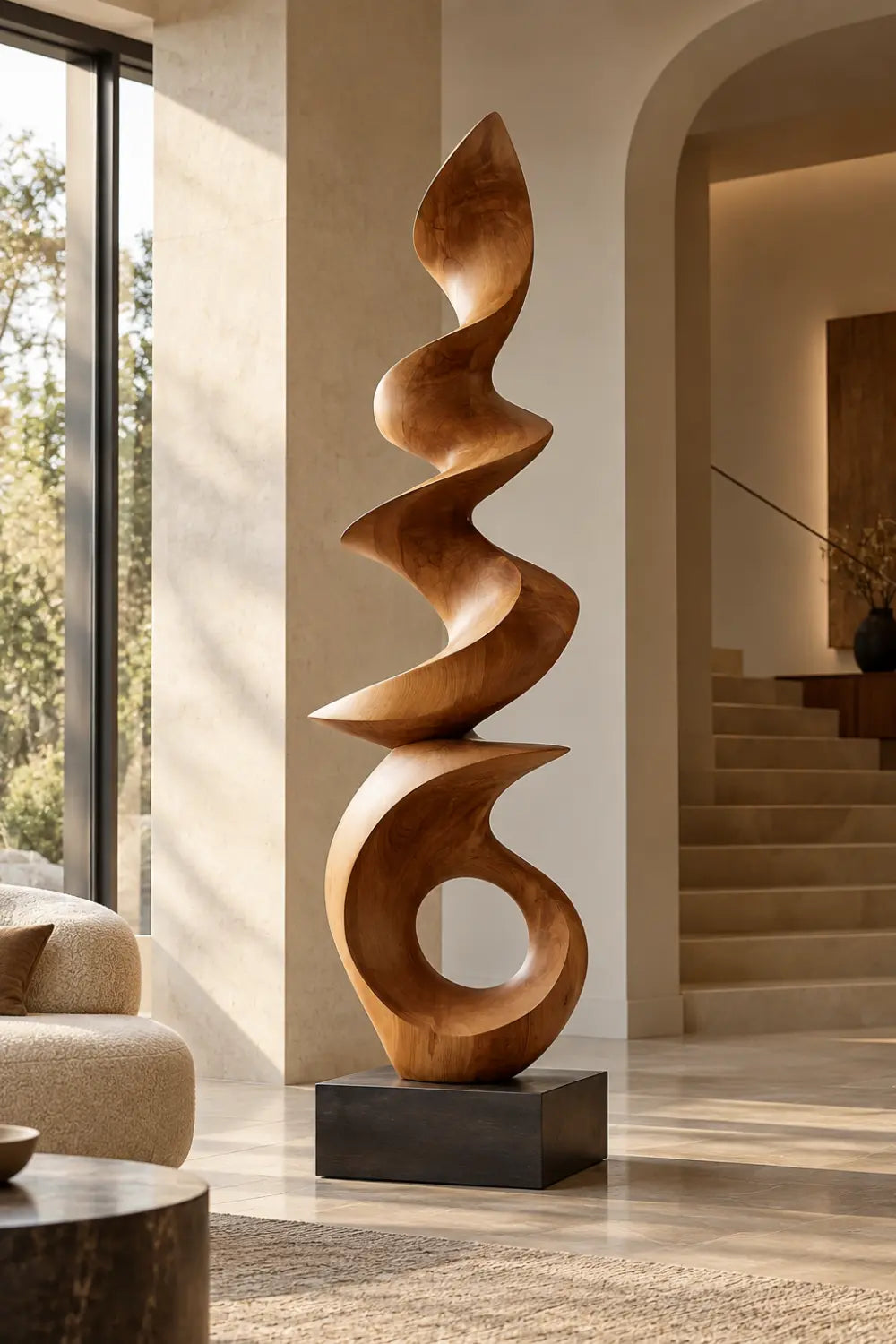 Large Spiral Wood Floor Sculpture | Abstract Open Ring Statue For Living Space
