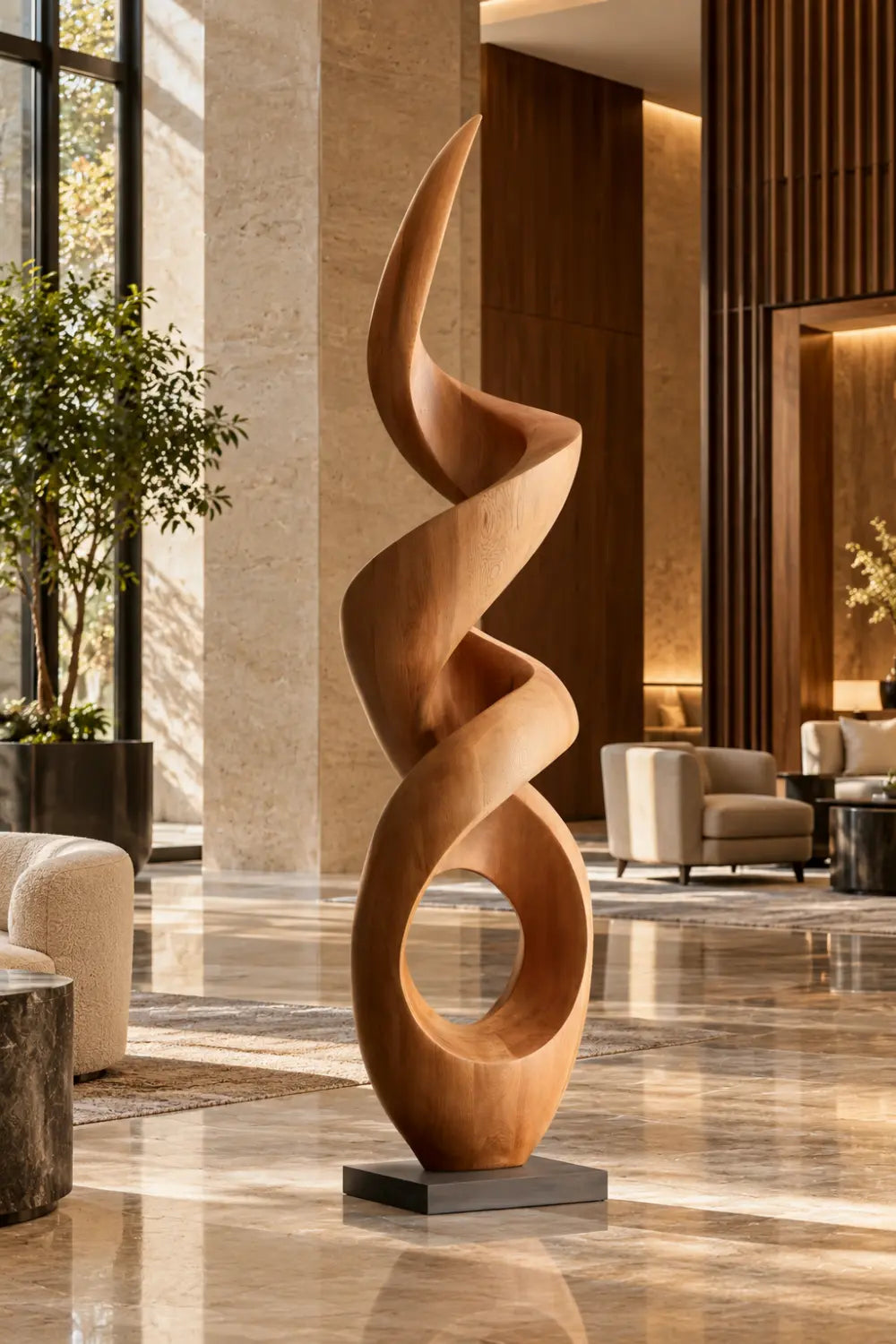 Large Walnut Wood Spiral Abstract Sculpture For Modern Home Decor And Gallery Display