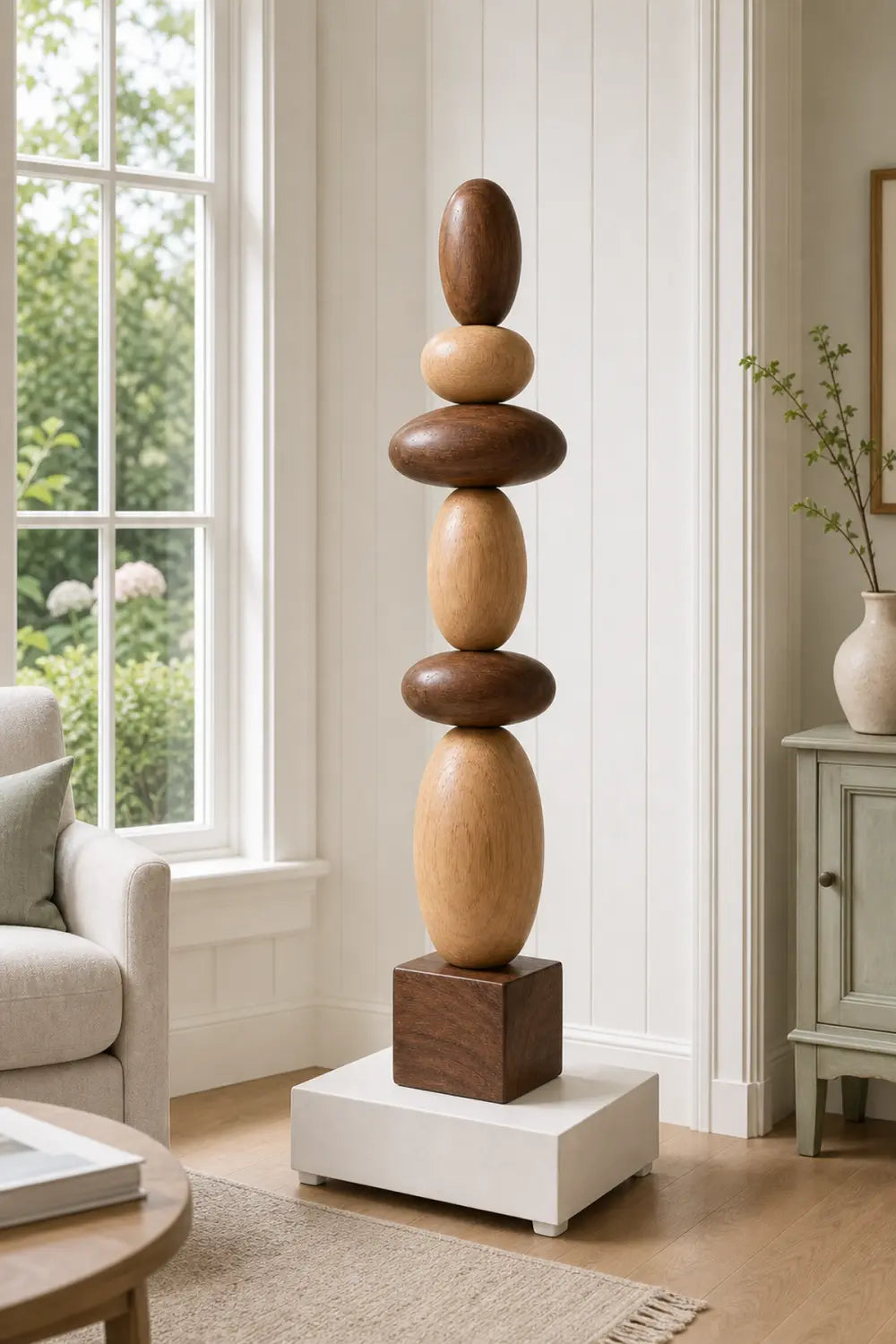 Large Hand-Carved Wooden Sculpture For Modern Minimalist Home Decor And Living Room Accents
