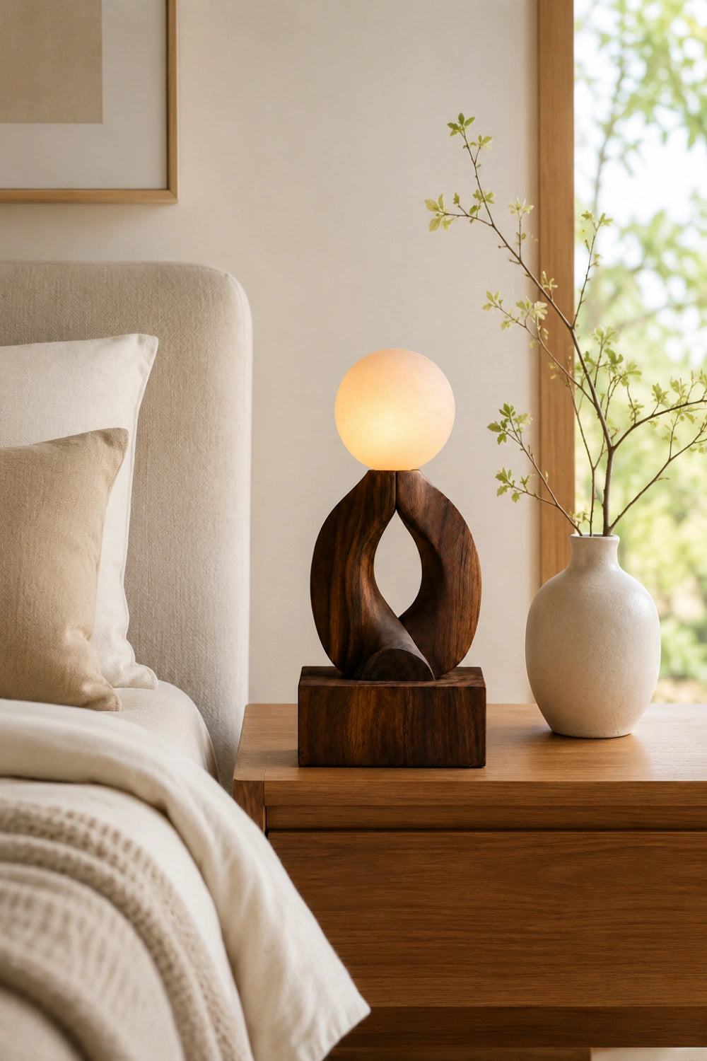 Hand Carved Wooden Art Lamp Sculptural Lighting Fixture Natural Walnut Finish Home Accent