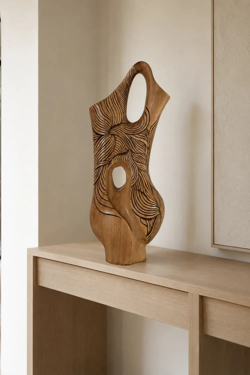 Hand-Carved Abstract Wooden Vase For Modern Home Decor And Living Rooms