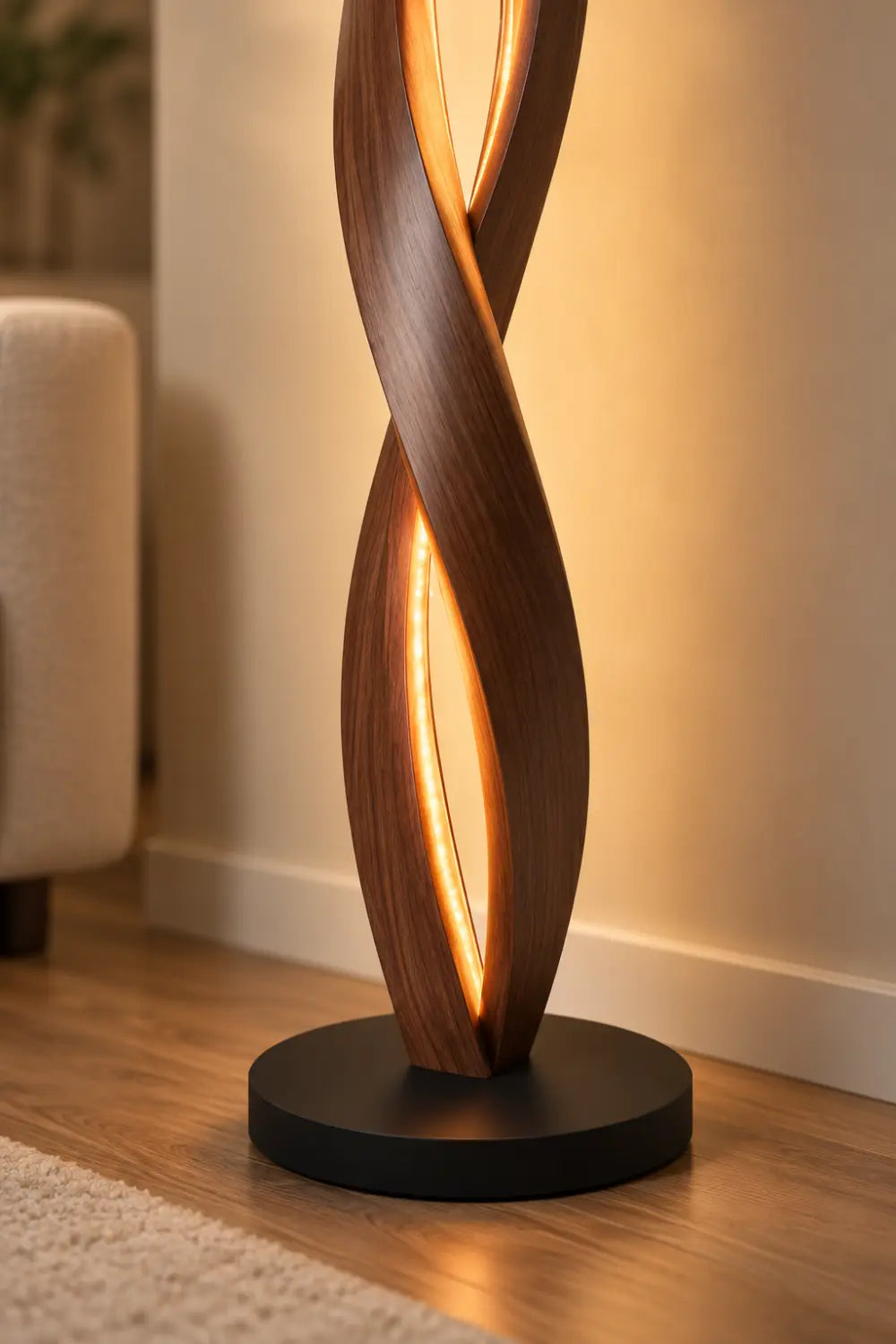 Handcrafted Walnut Floor Lamp With Spiraling Abstract Form For Modern Living Rooms