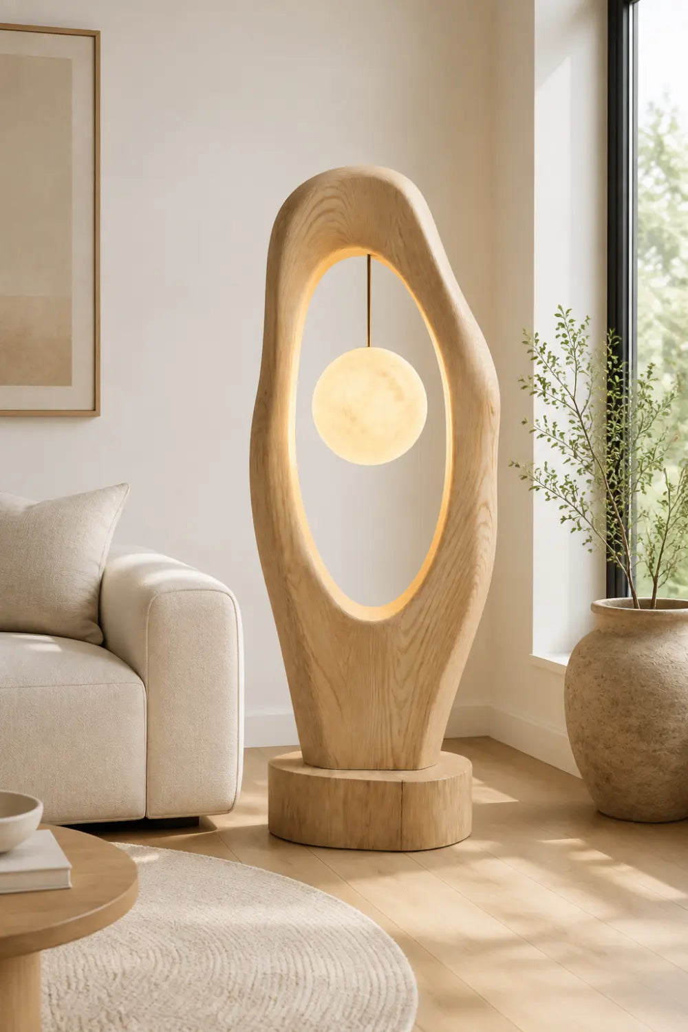 Abstract Sculptural Wood Floor Lamp With Hanging Orb Light As Artistic Home Decor Piece