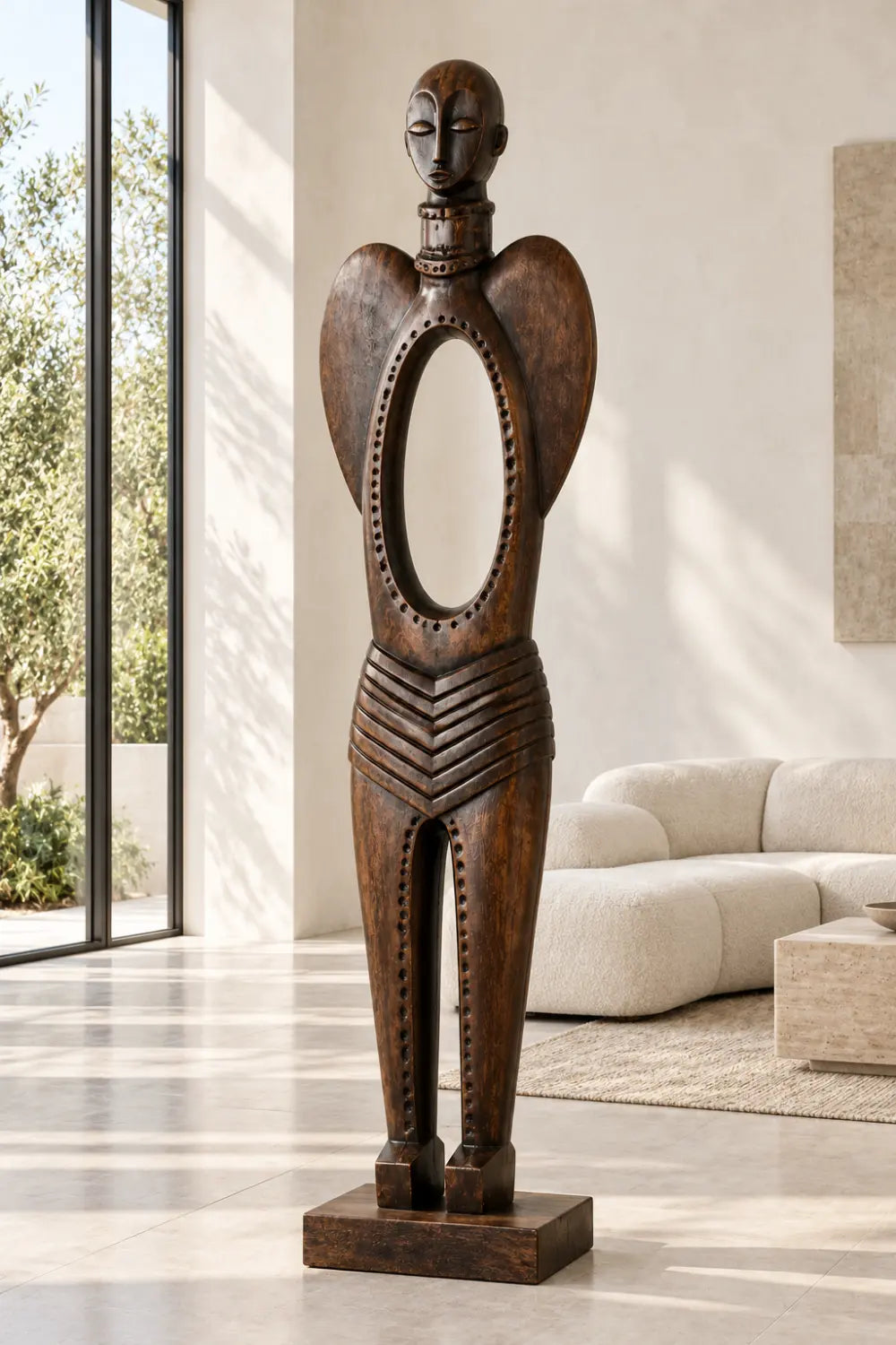 Abstract Tribal Wood Sculpture Hand Carved Walnut Statue For Modern Home Decor