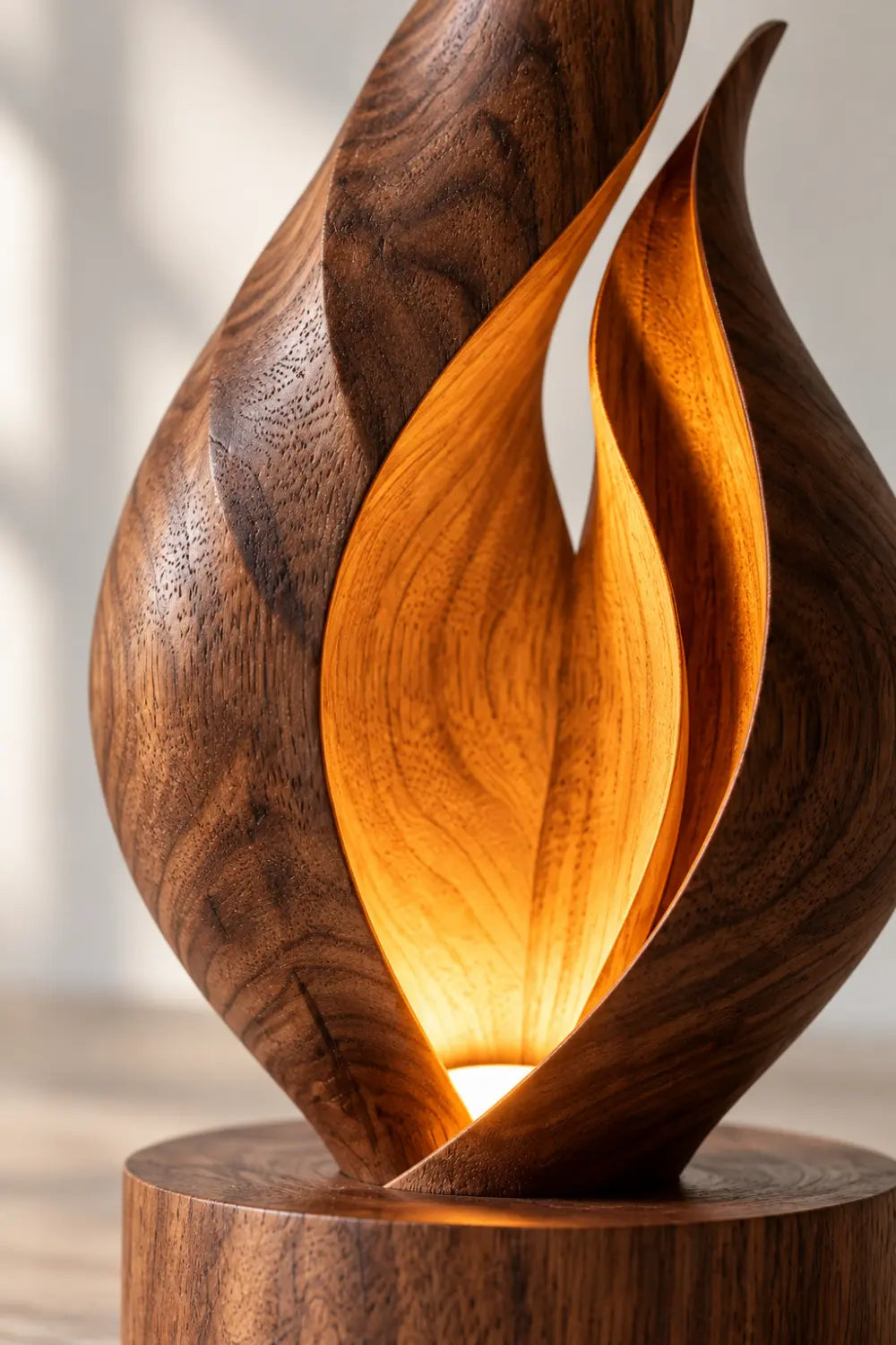 Solid Wood Flame Sculpture Lamp Warm White Light Artistic Desk Accent For Living Room