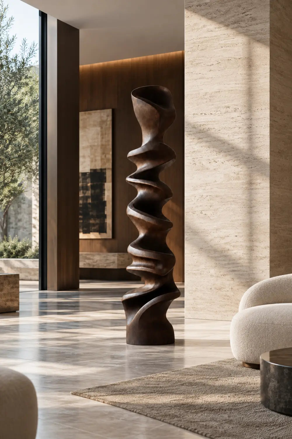Large Abstract Walnut Wood Floor Sculpture Modern Spiral Form