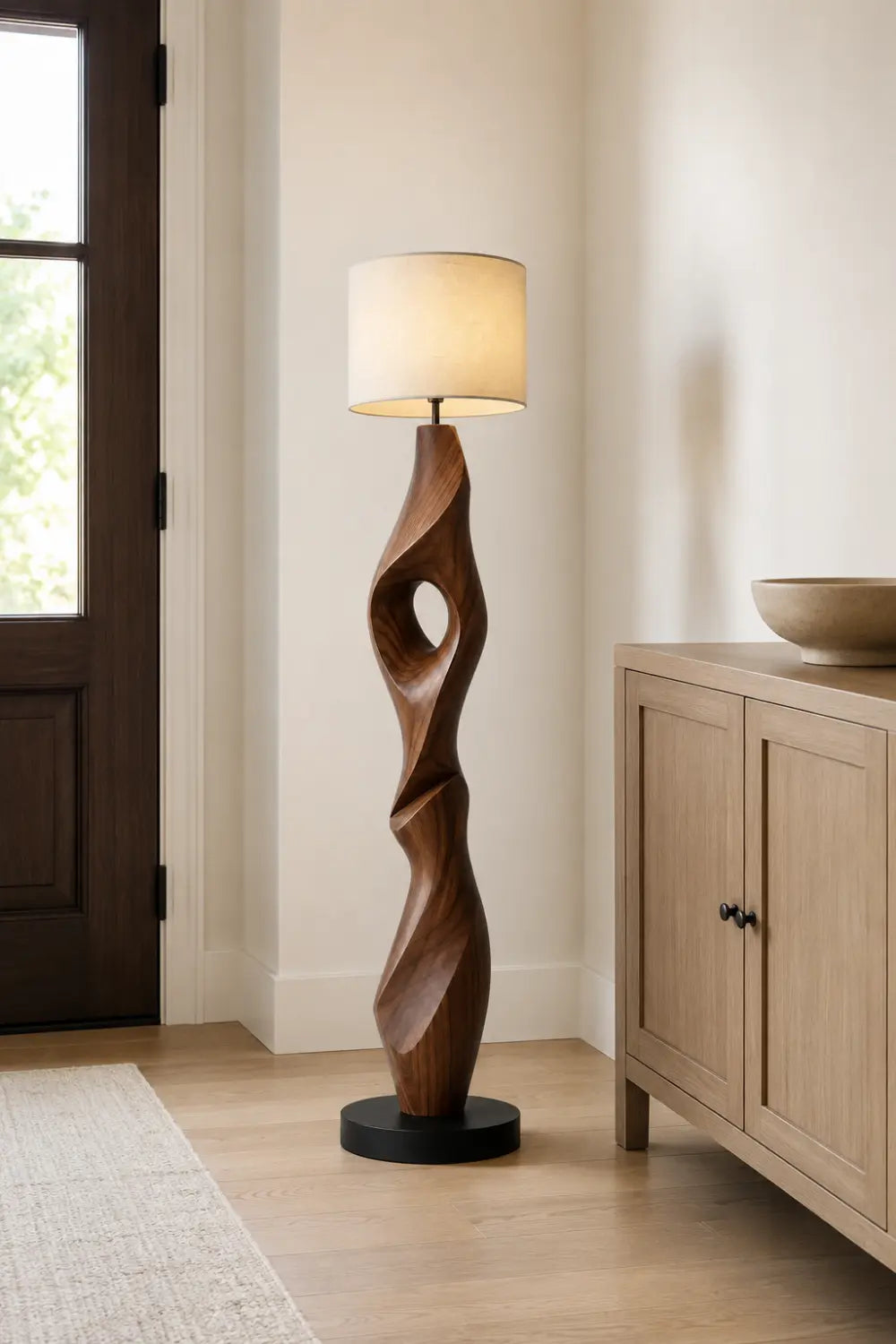 Sculptural Walnut Wood Floor Lamp With Abstract Spiral Form For Modern Living Rooms