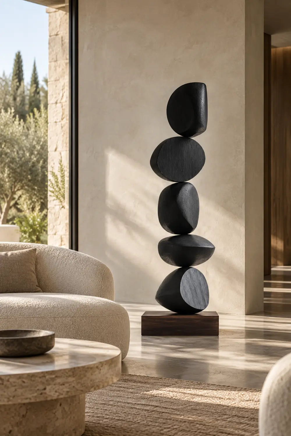 Large Black Abstract Wood Sculpture For Modern Home Decor