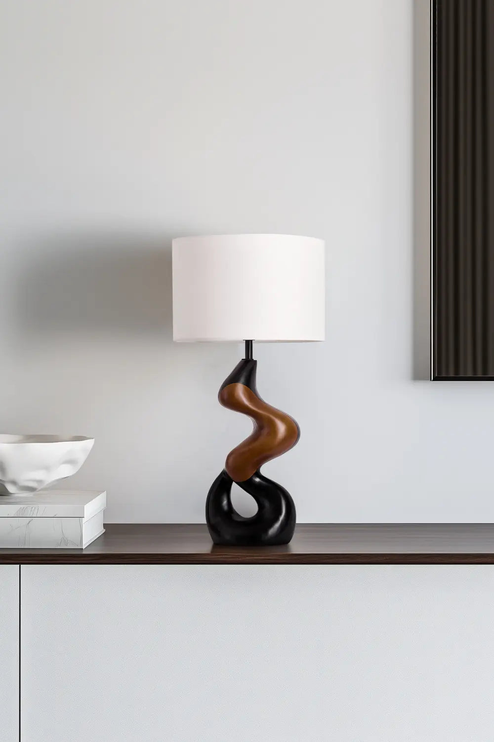 Artistic Twisted Wood Desk Lamp Creating Warm Ambiance In Study Or Office Space