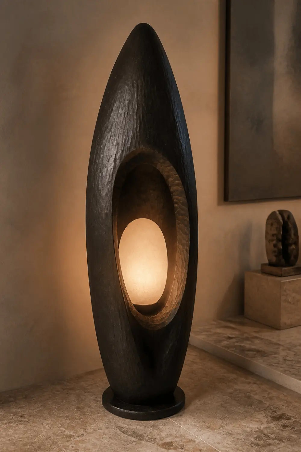 Hand Carved Walnut Floor Lamp Modern Abstract Wood Light Fixture For Living Room Decor