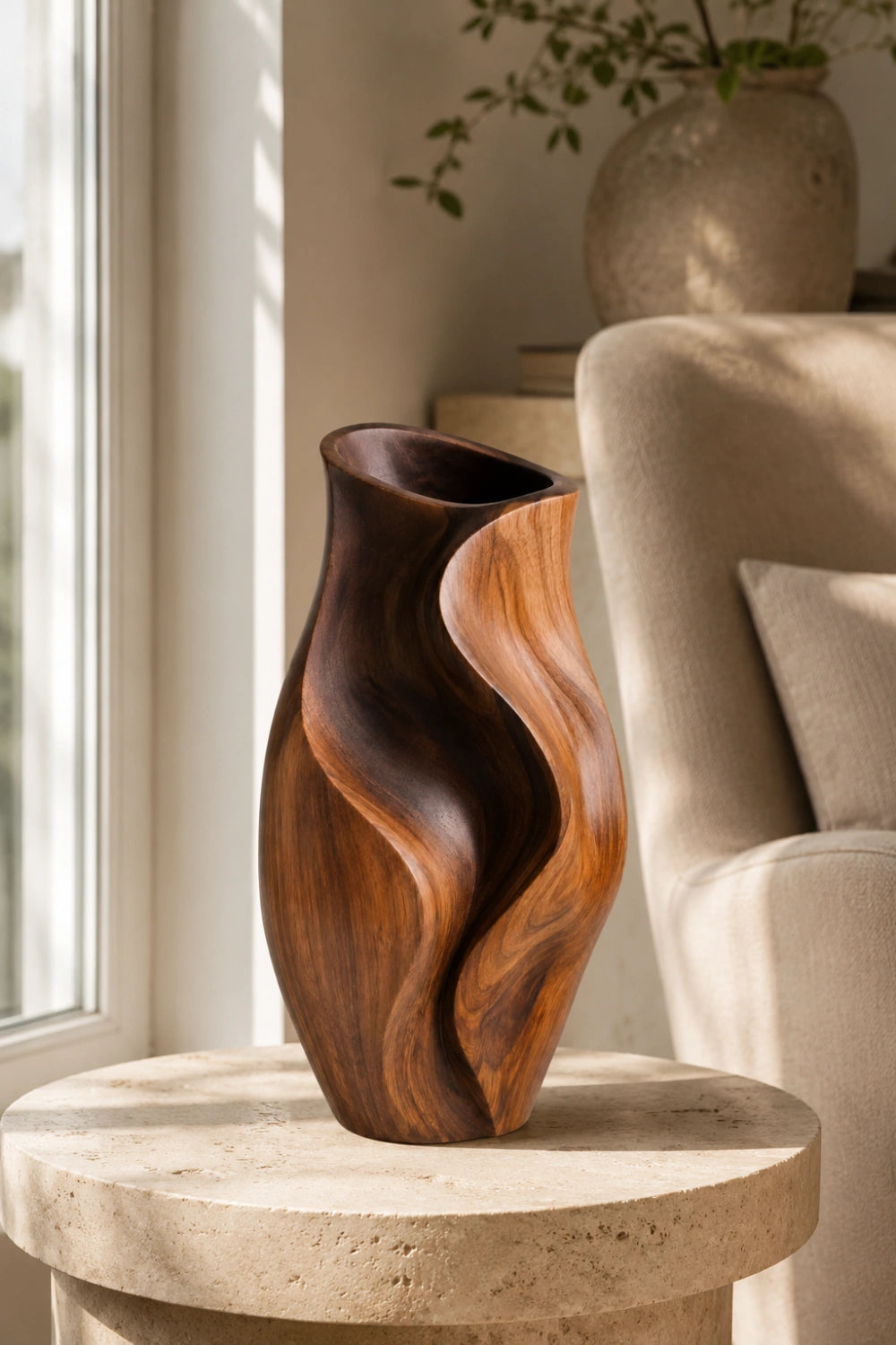 Hand Carved Abstract Wooden Vase Modern Minimalist Home Decor Gift