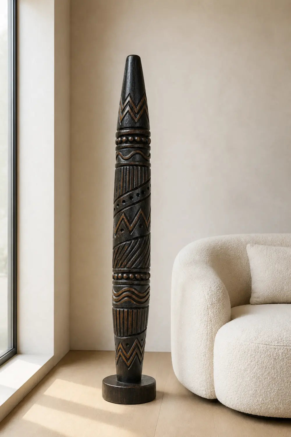 Large Freestanding Abstract Wooden Statue Ethnic Art Decor Tall Chevron Pillar For Living Space