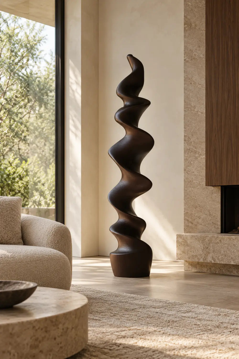 Large Abstract Spiral Wood Sculpture For Modern Home Decor