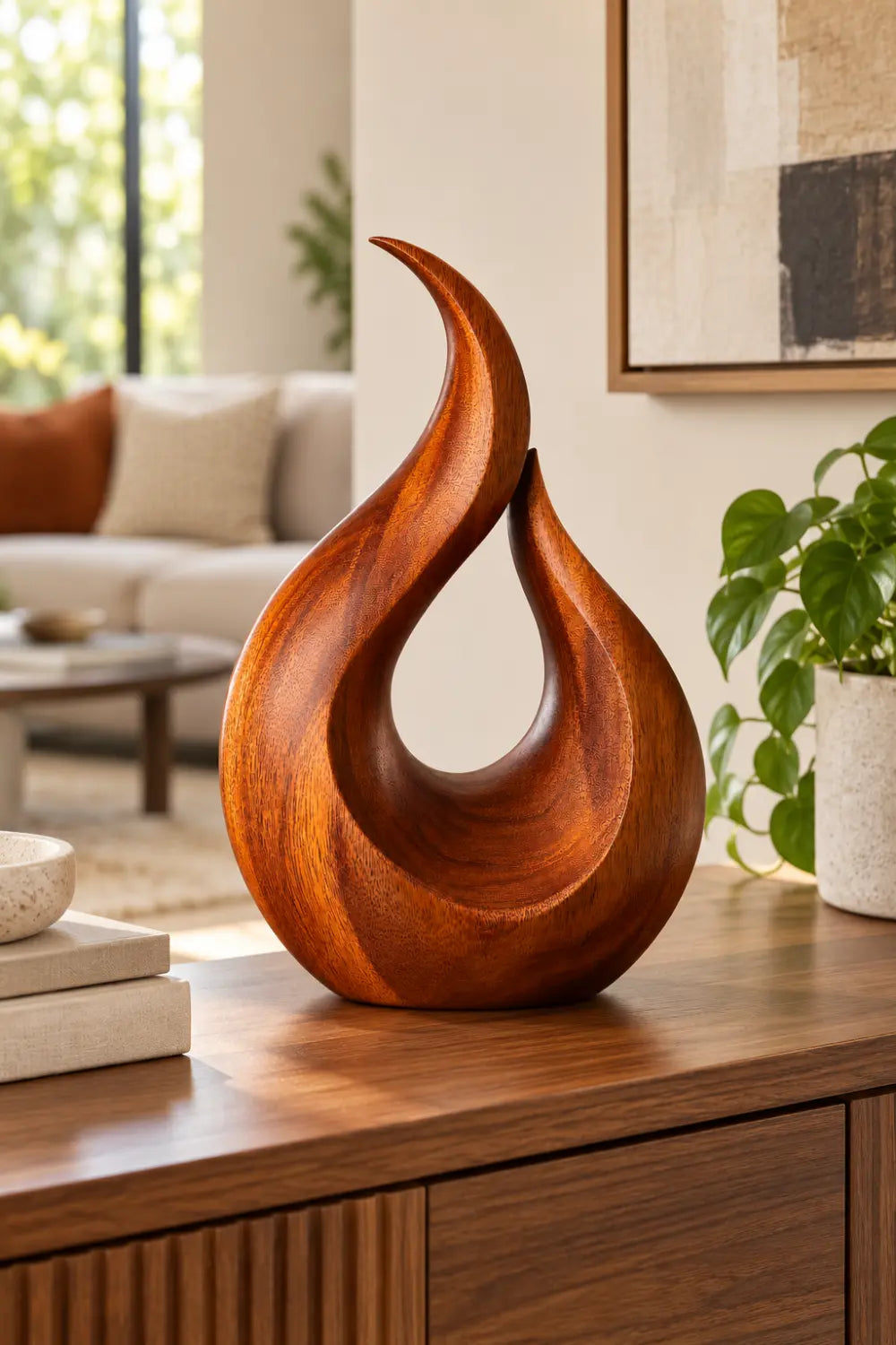 Modern Carved Wooden Flame Sculpture | Abstract Teardrop Fire Art Home Decor