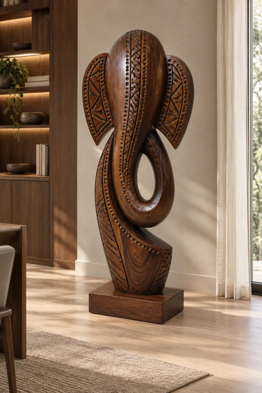 Carved Wooden Elephant Floor Sculpture | Large Standing Statue For Living Space