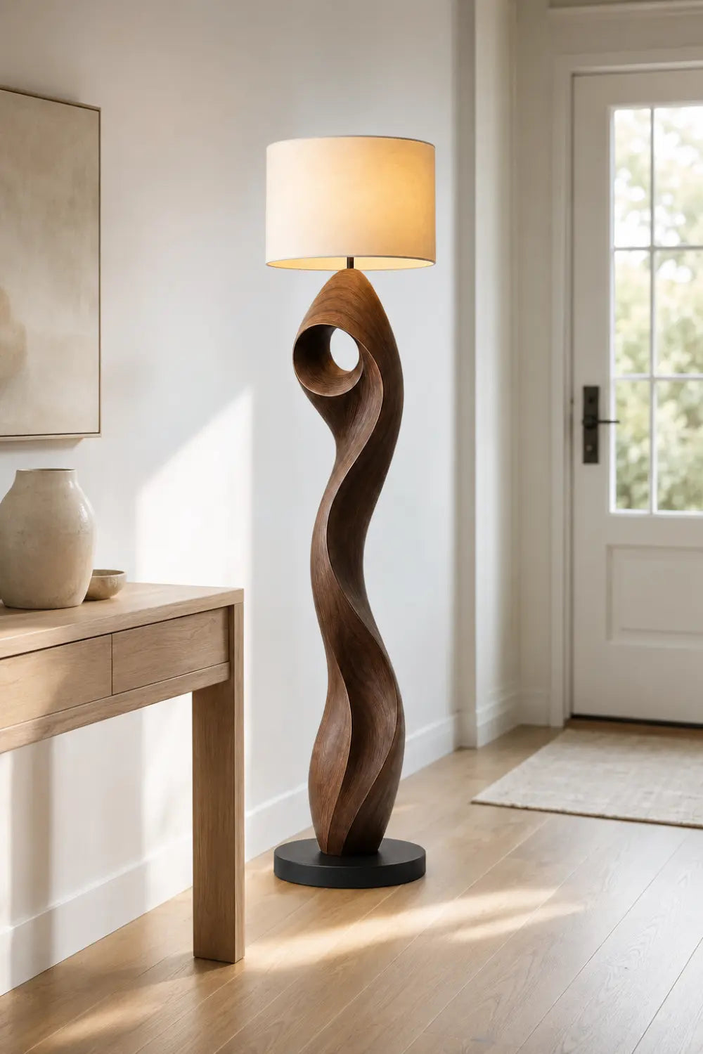 Modern Sculptural Floor Lamp In Natural Walnut Finish For Minimalist Interior Design Spaces