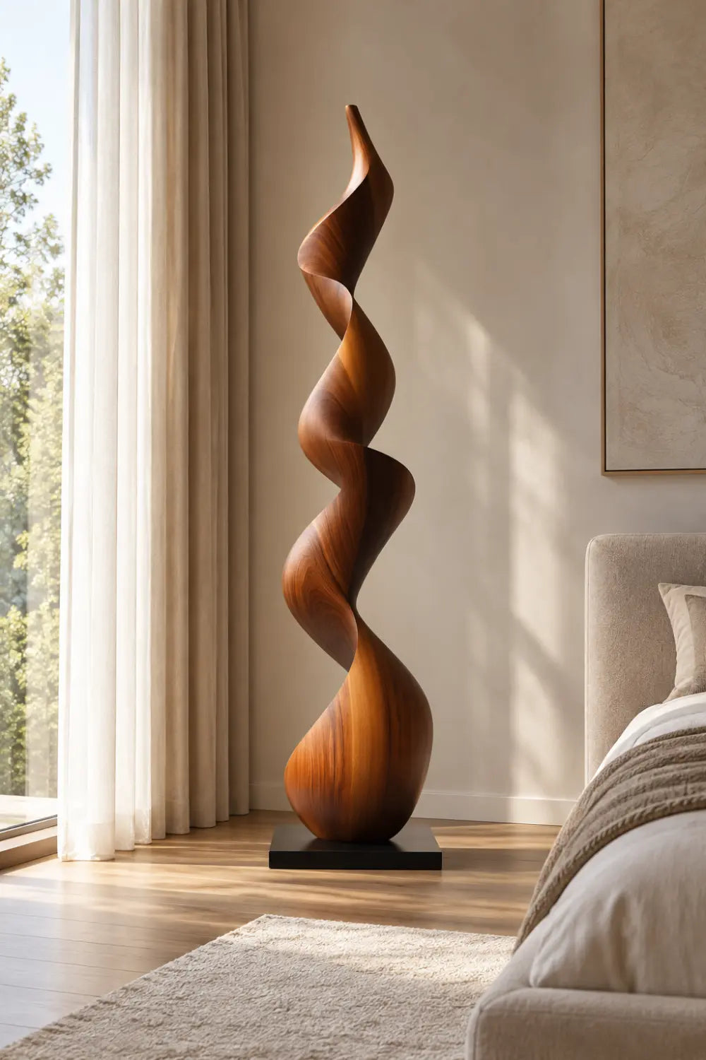 Large Walnut Wood Spiral Sculpture For Modern Living Room Freestanding Abstract Art