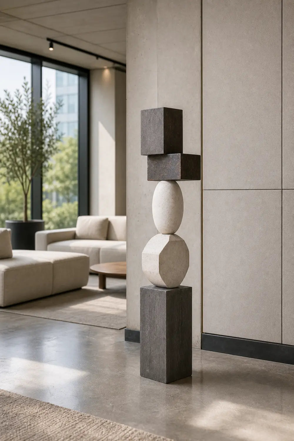 Large Abstract Wooden Sculpture For Modern Living Rooms - Minimalist Floor Art Decor