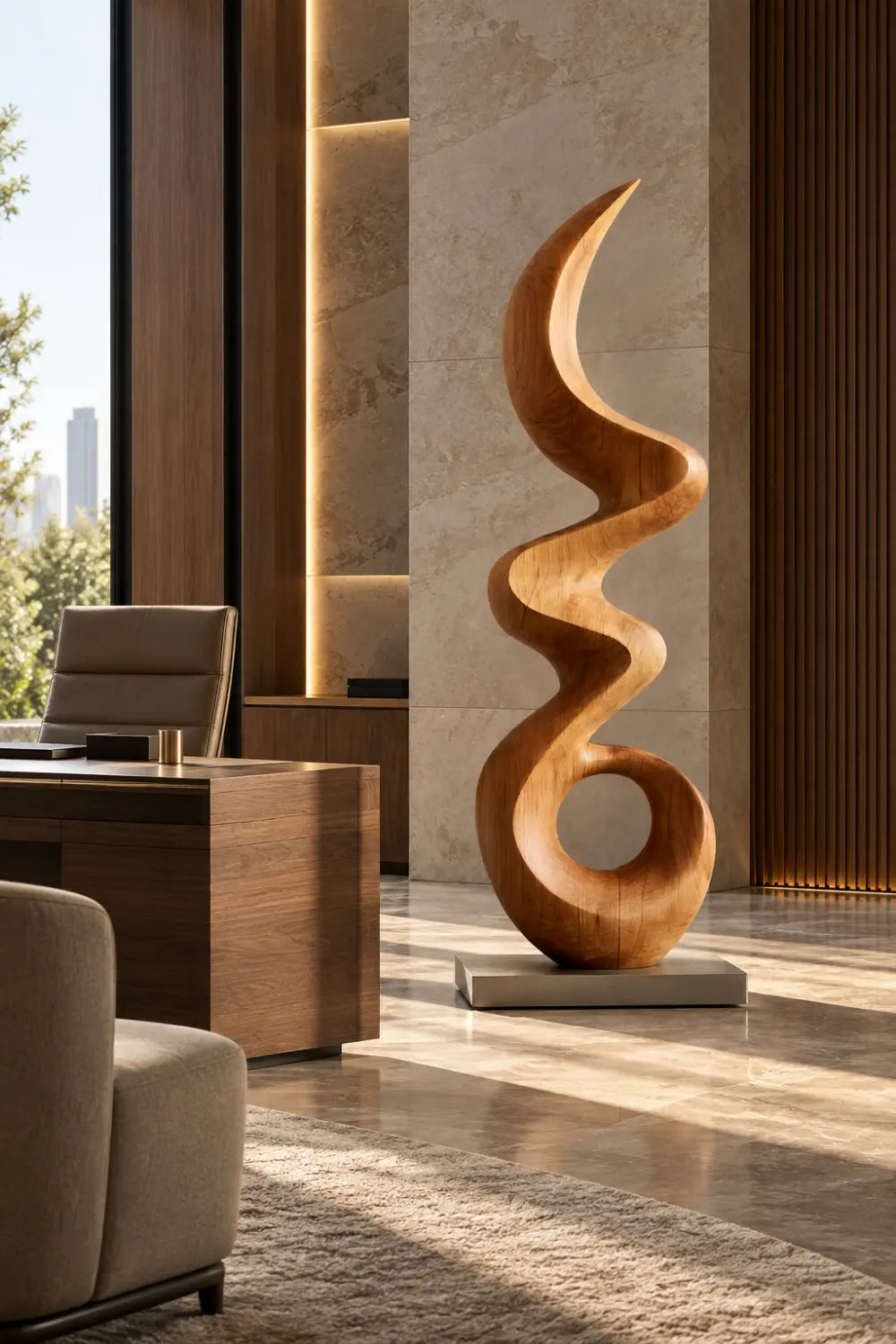 Large Abstract Oak Wood Sculpture For Modern Home Decor