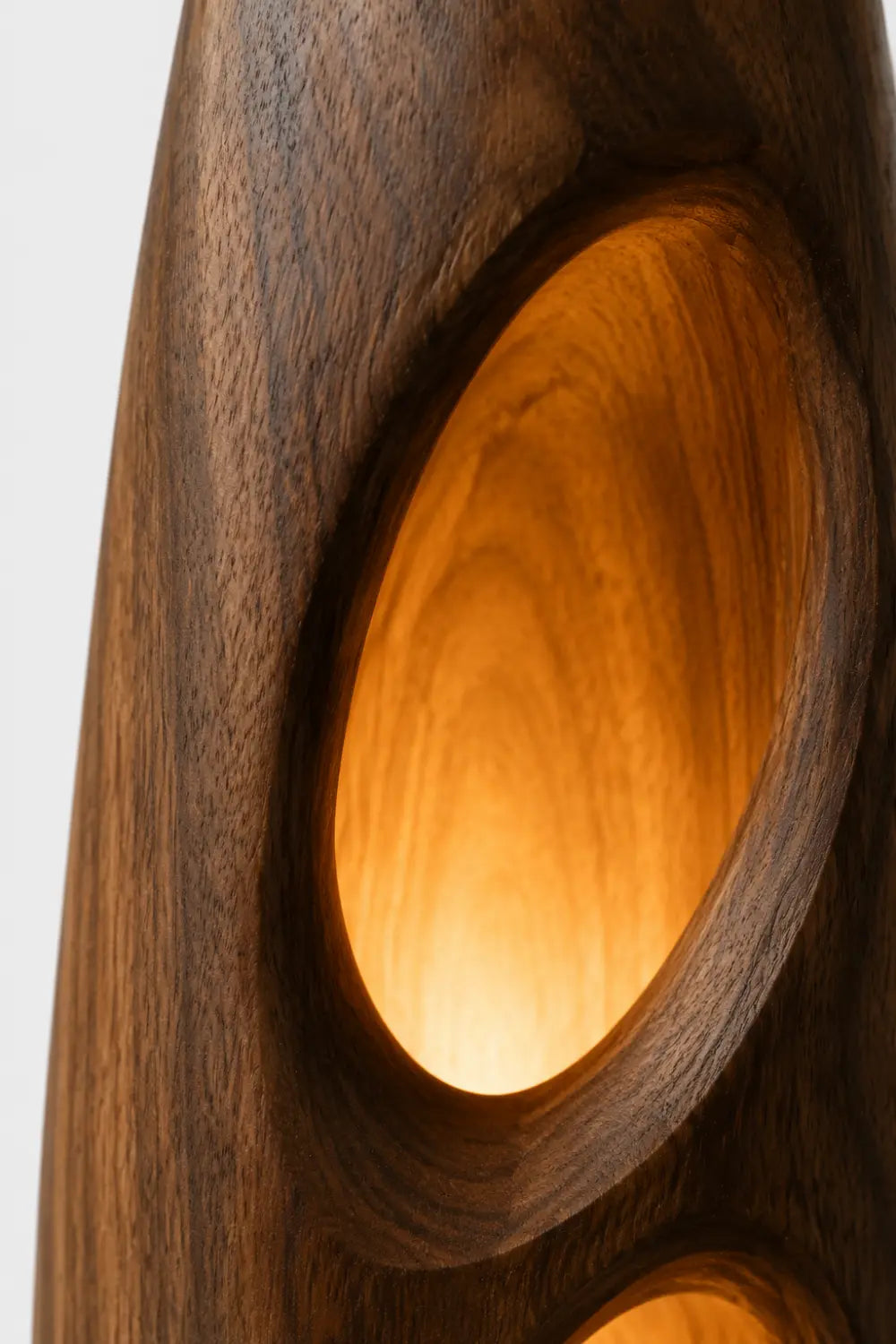 Sculptural Wood Floor Lamp With Organic Hollows And Warm Ambient Light