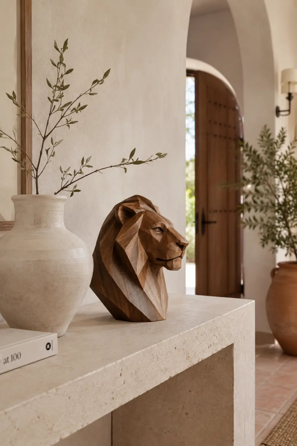 Hand-Carved Geometric Lion Head Sculpture In Walnut Wood For Modern Home Decor