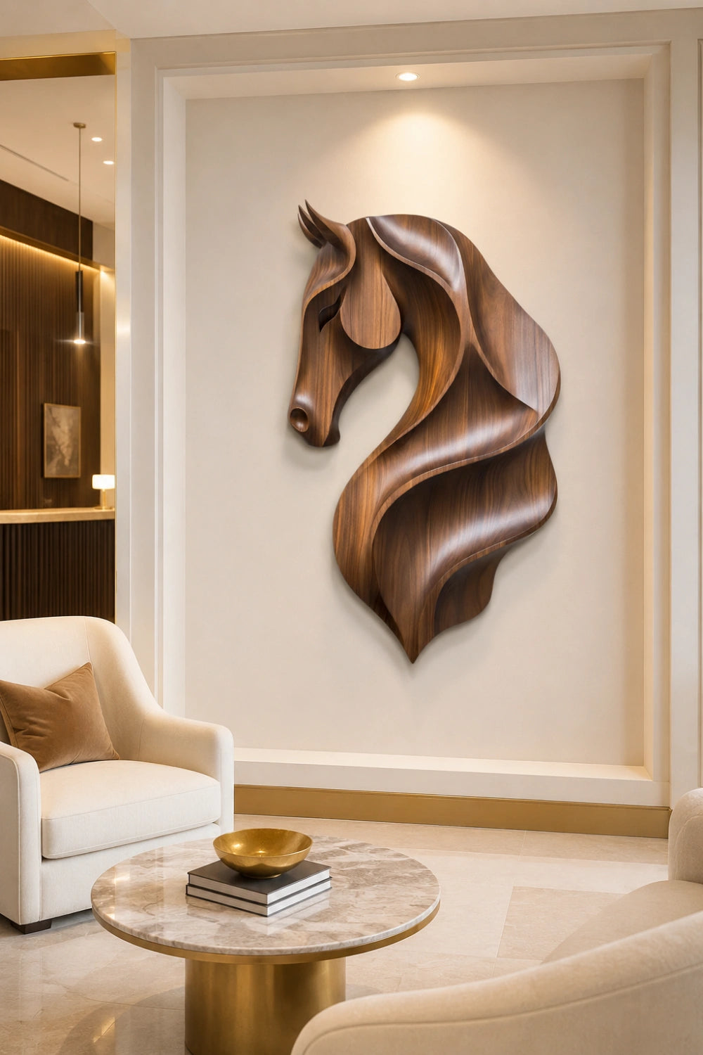Fluid Wooden Horse Head Wall Art | Modern Carved Relief