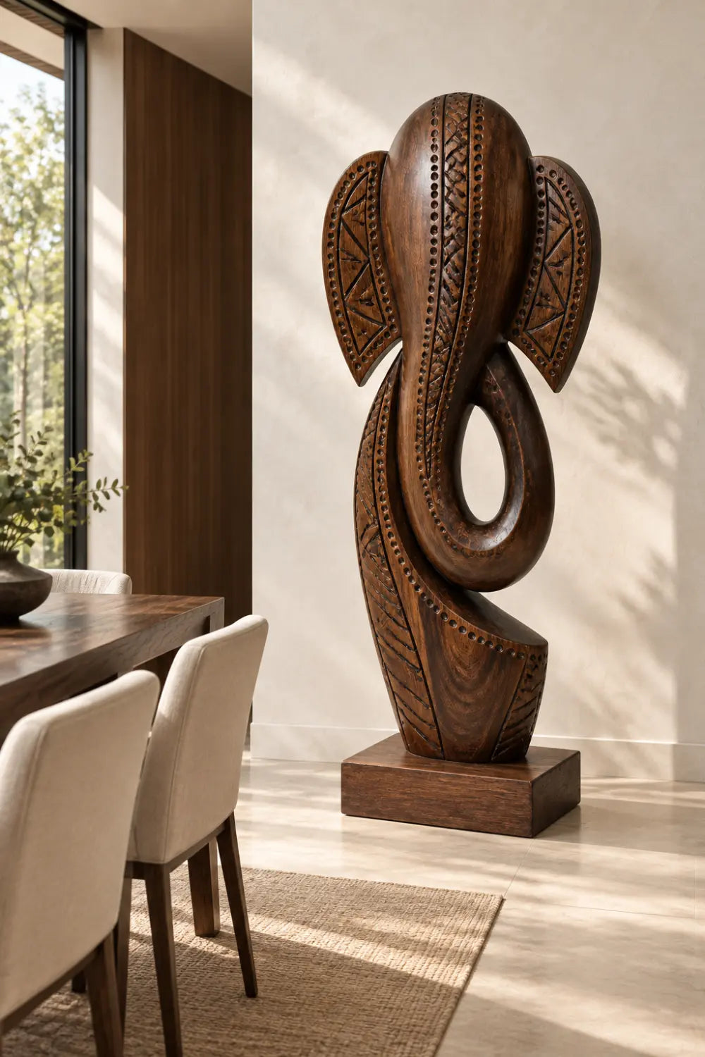 Carved Wooden Elephant Floor Sculpture | Large Standing Statue For Living Space