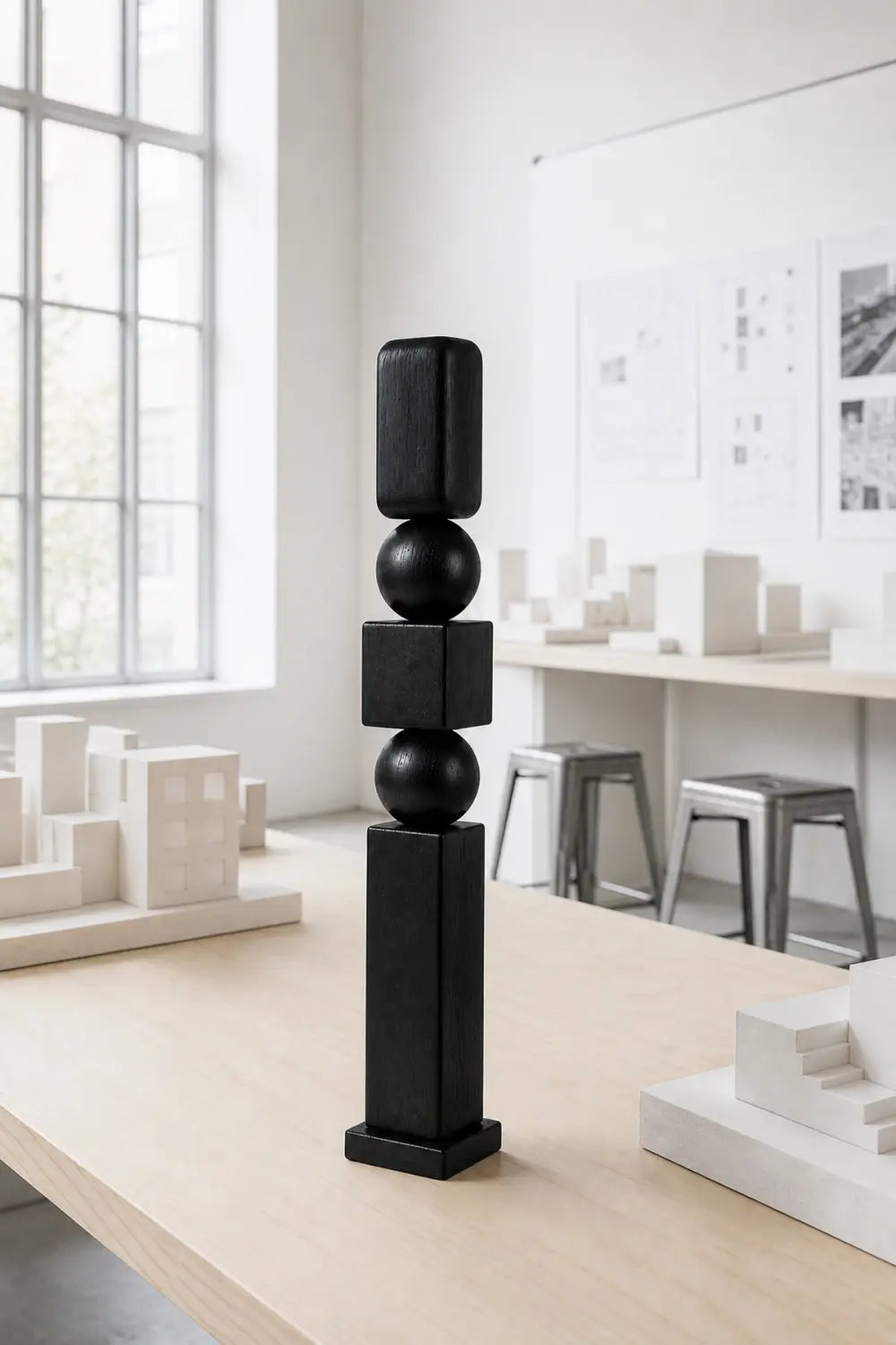 Large Abstract Black Wood Floor Sculpture Modern Minimalist Home Decor Art