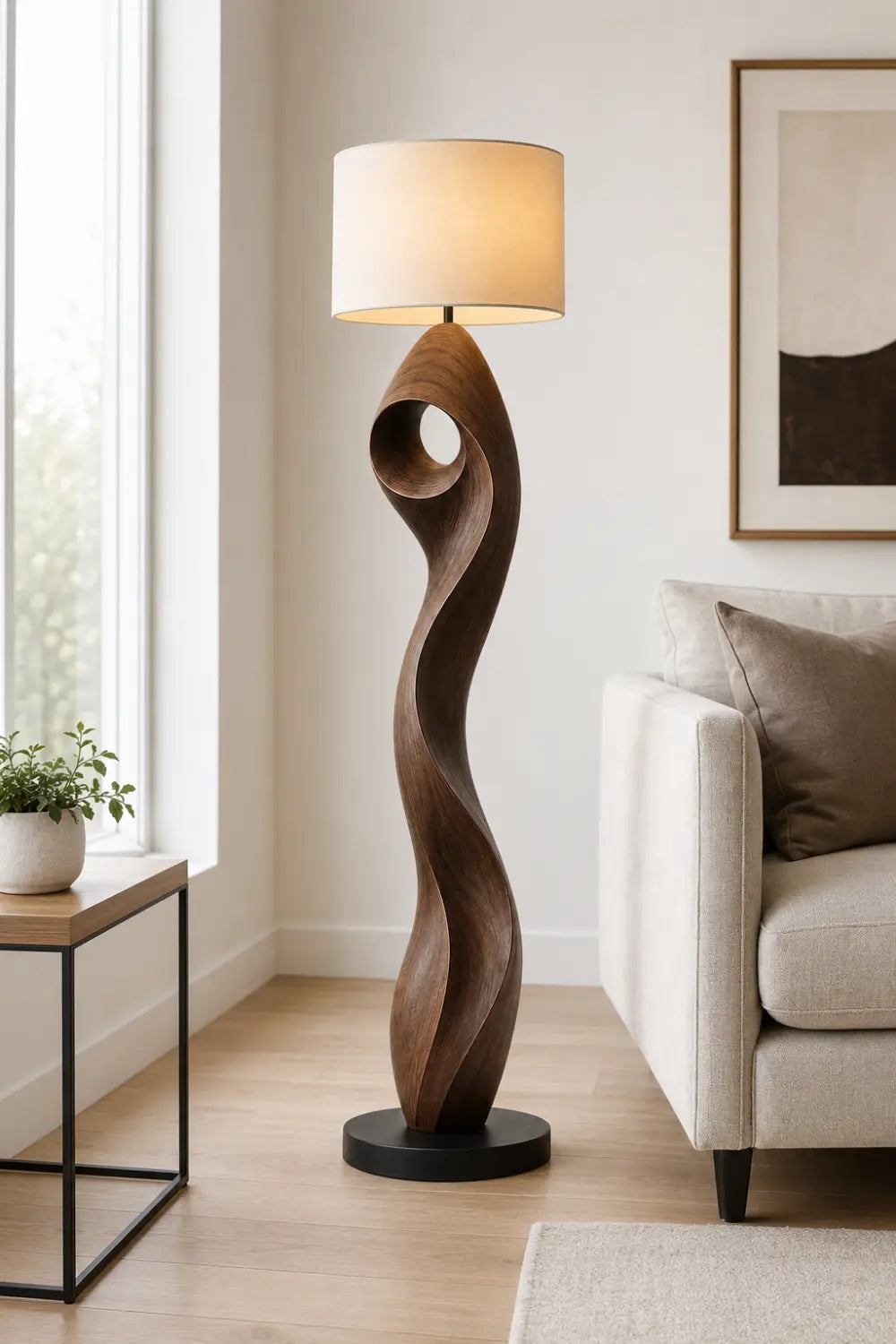 Modern Sculptural Floor Lamp In Natural Walnut Finish For Minimalist Interior Design Spaces