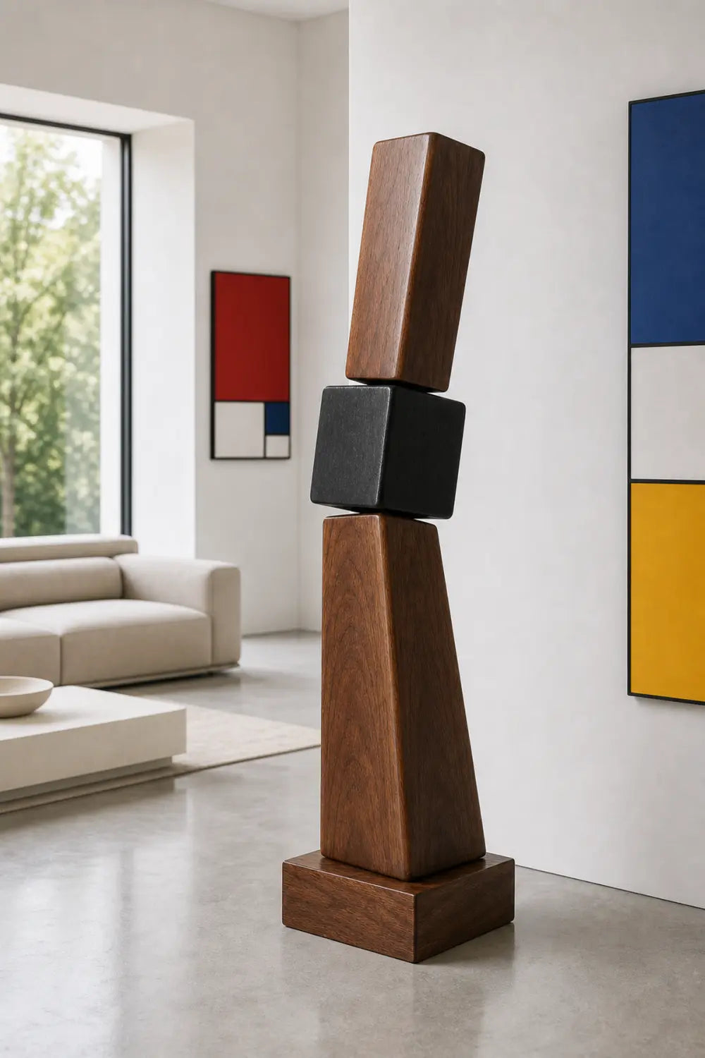 Large Hand-Carved Wooden Abstract Sculpture For Modern Home Decor - Geometric Walnut Art