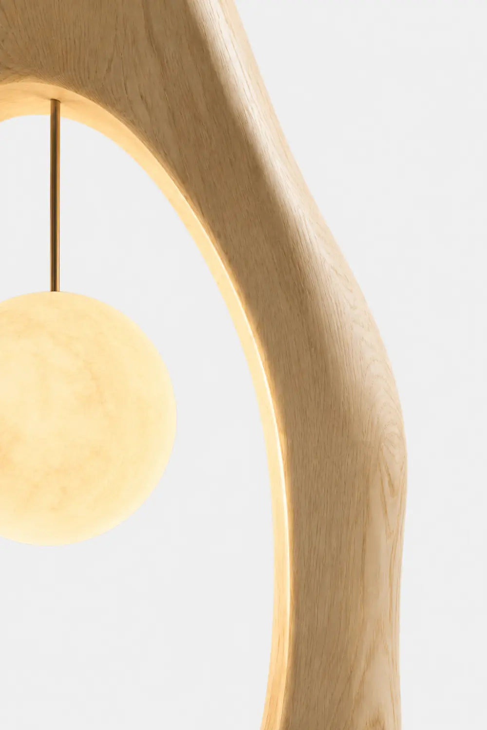 Abstract Sculptural Wood Floor Lamp With Hanging Orb Light As Artistic Home Decor Piece