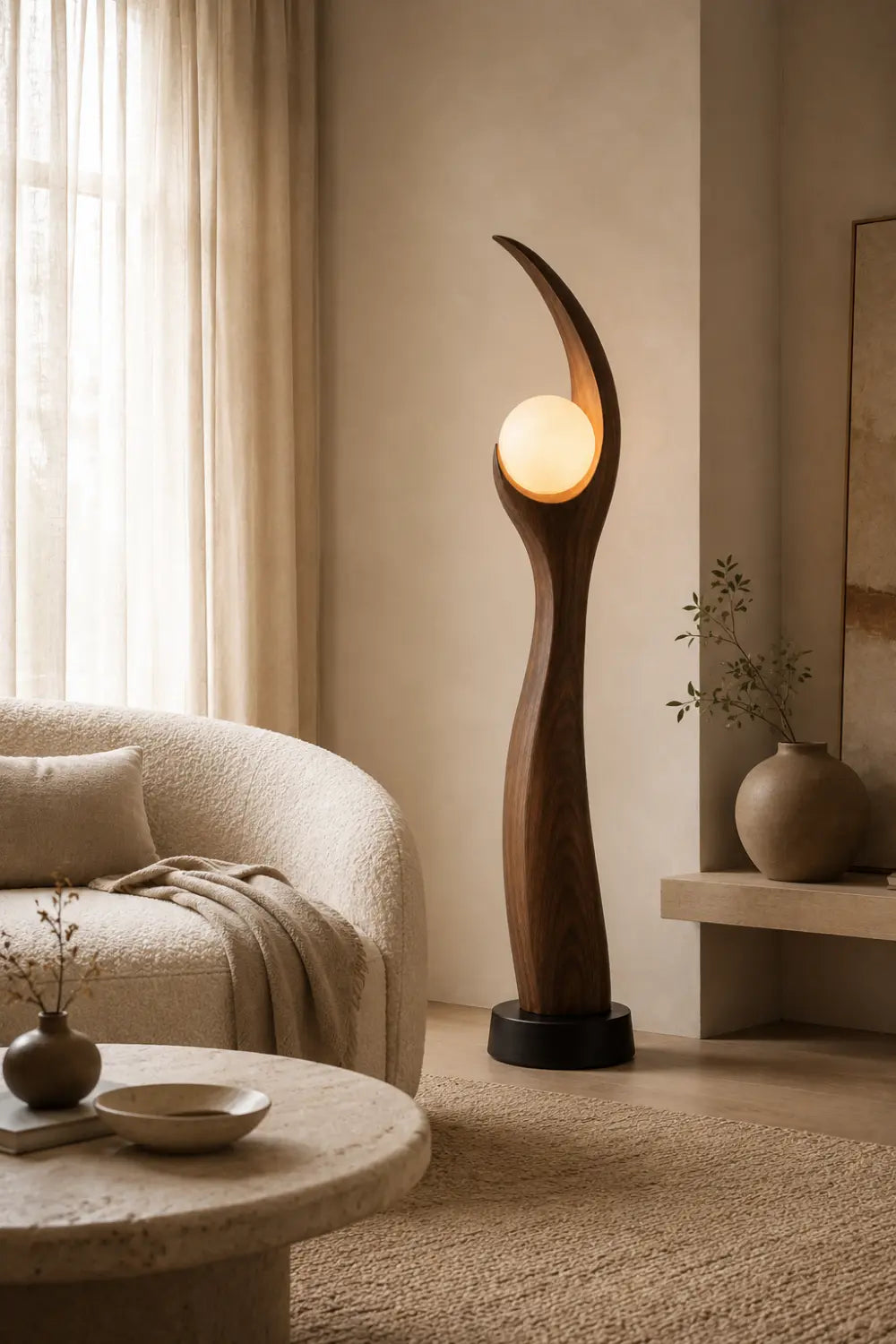 Sculptural Wooden Floor Lamp Blending Art And Function With Natural Grain Texture And Soft Illumination