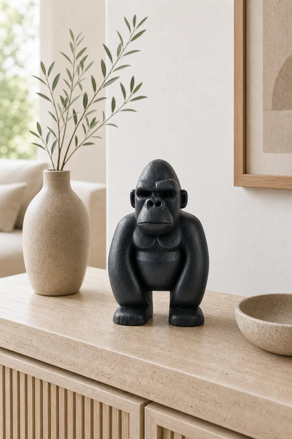 Hand Carved Black Gorilla Wood Sculpture Modern Abstract Animal Statue For Home Decor